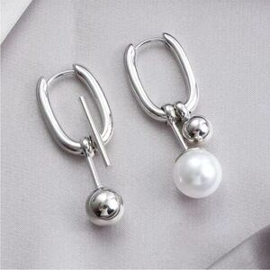 Silver Pearl Drop Hoop Earrings